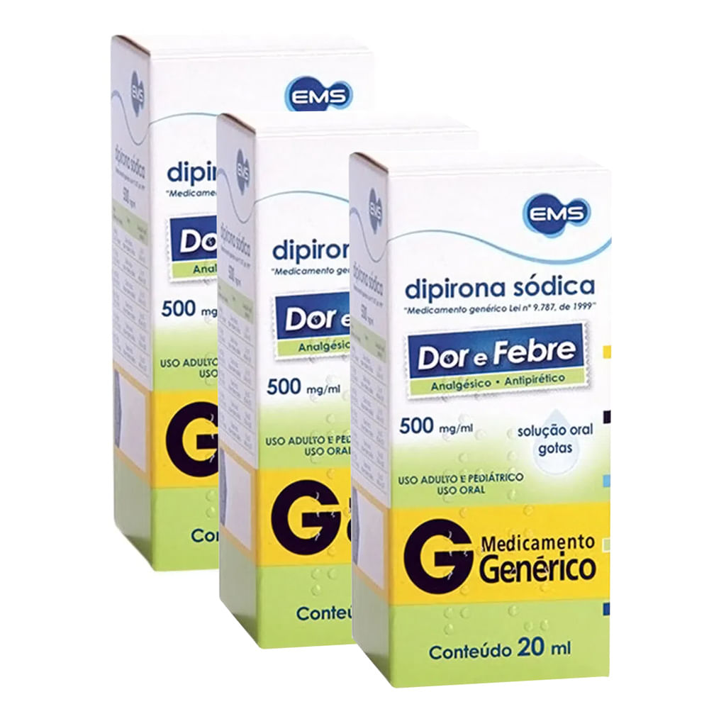 Kit 3 Dipirona Sódica 500mg/ml EMS Genérico Gotas com 20ml