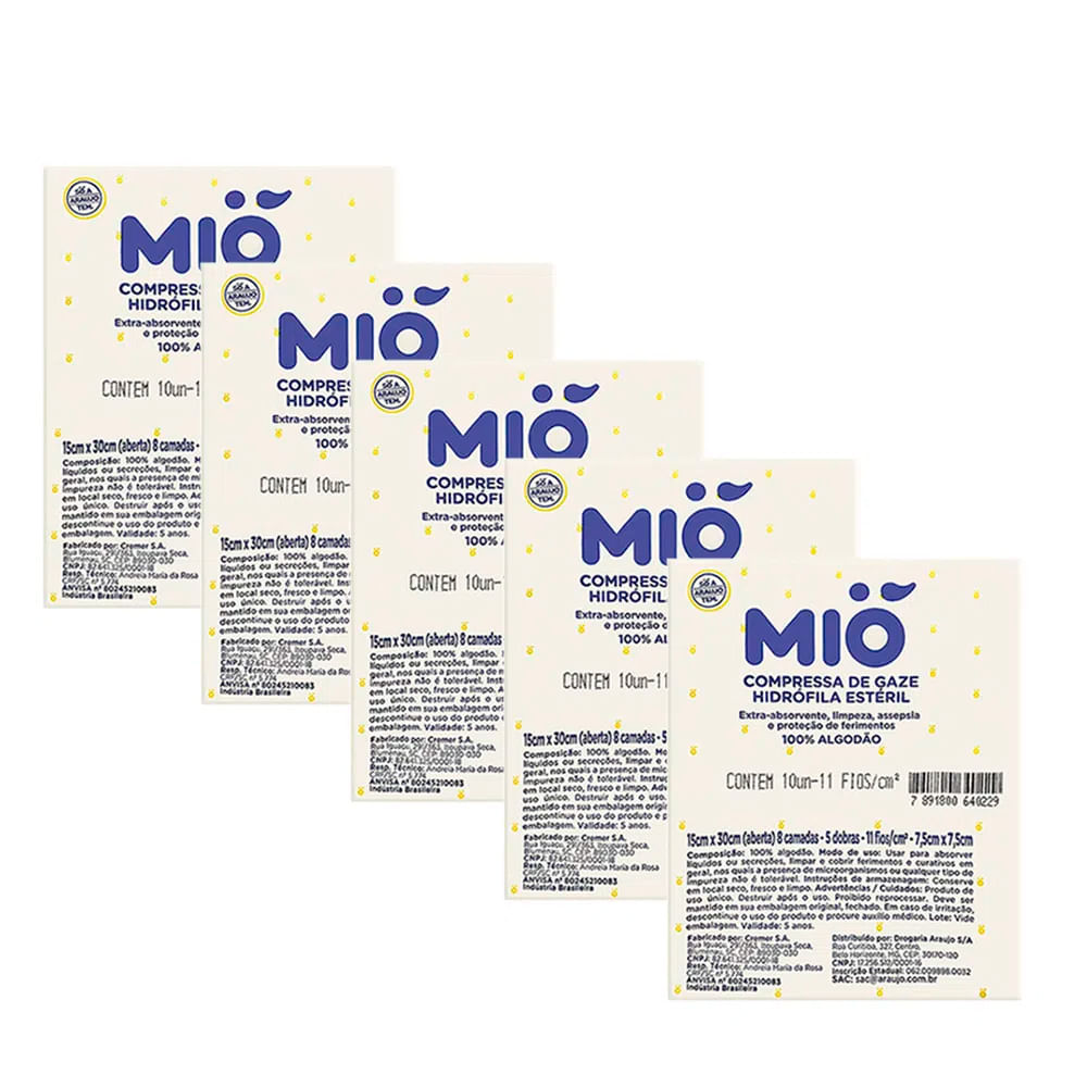 Kit 5 Compressa de Gaze Mió Hidrófila Estéril 7,5cm x 7,5cm com 10 Unidades