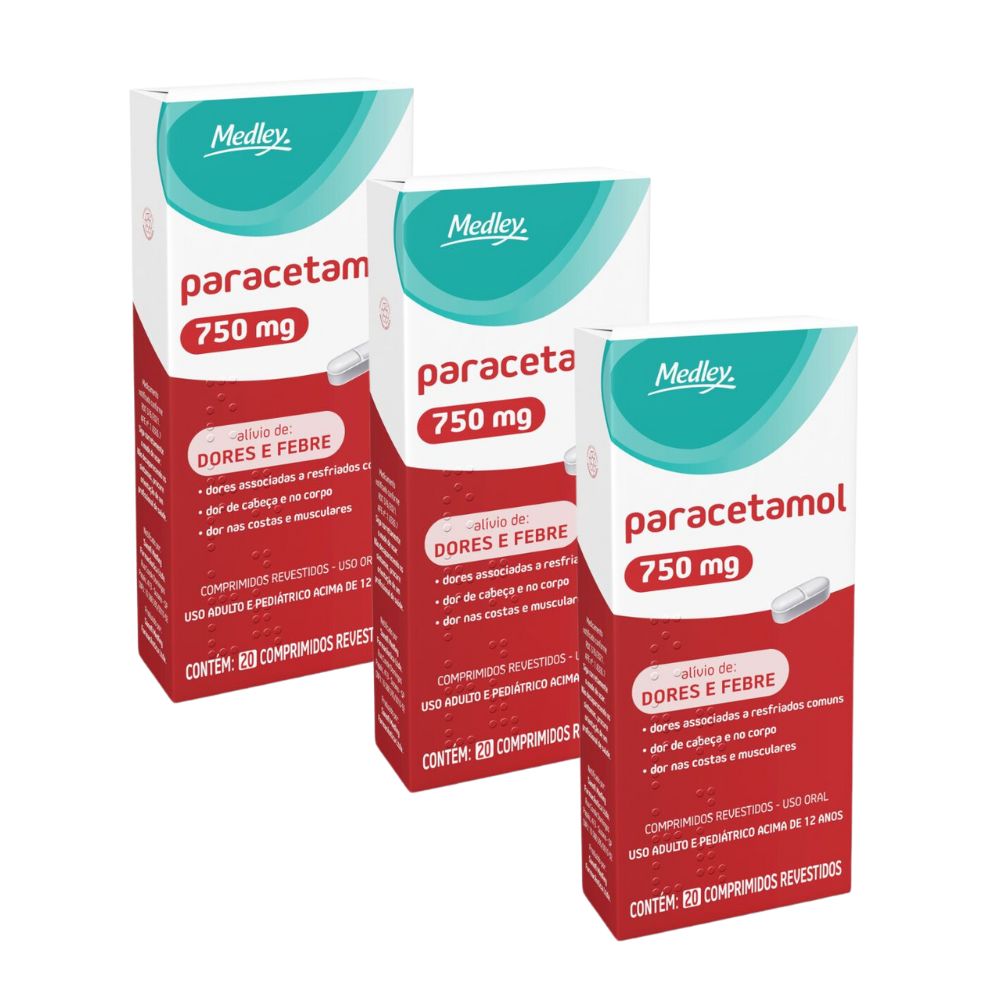 Kit 3 Paracetamol 750mg Medley Genérico com 20 Comprimidos Revestidos