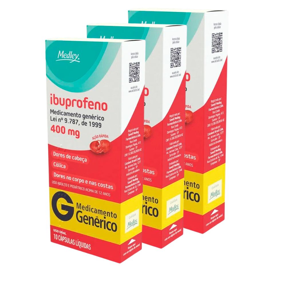 Kit 3 Ibuprofeno 400mg Medley Genérico com 10 Cápsulas Gelatinosas Moles