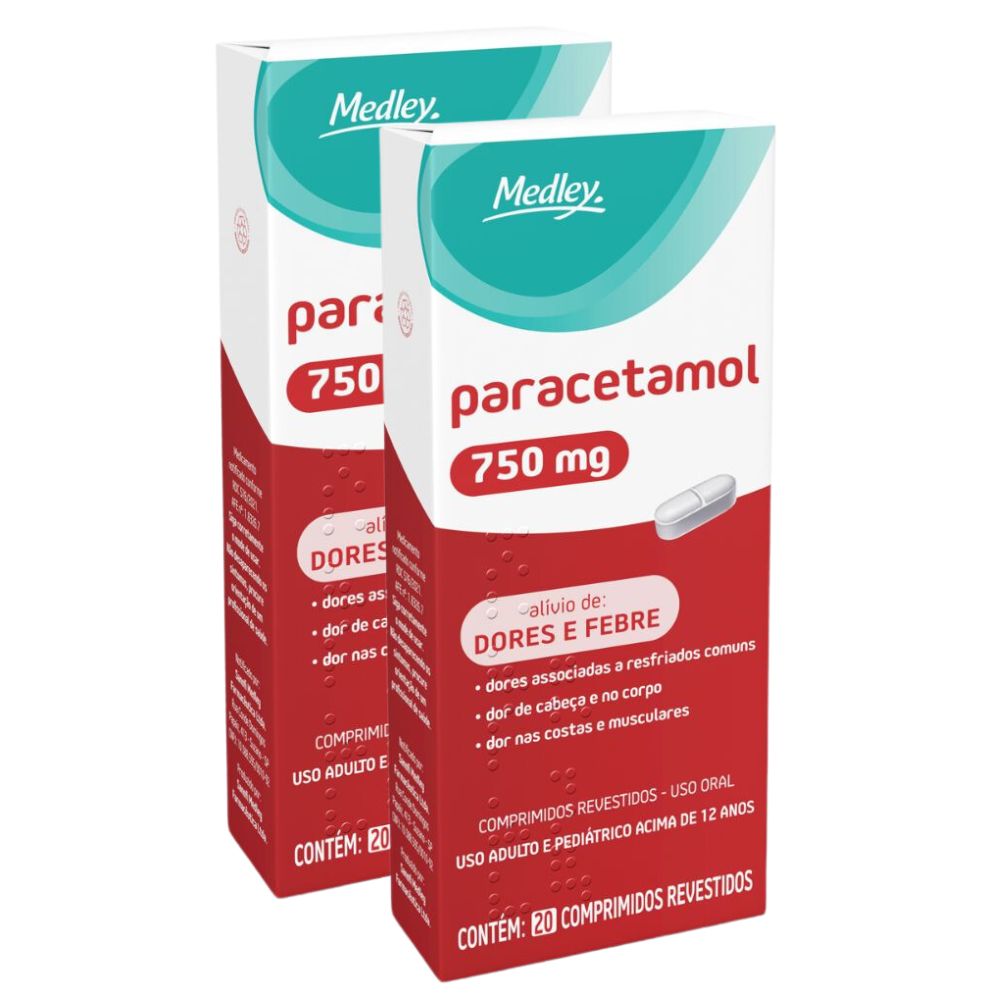 Kit 2 Paracetamol 750mg Medley Genérico com 20 Comprimidos Revestidos