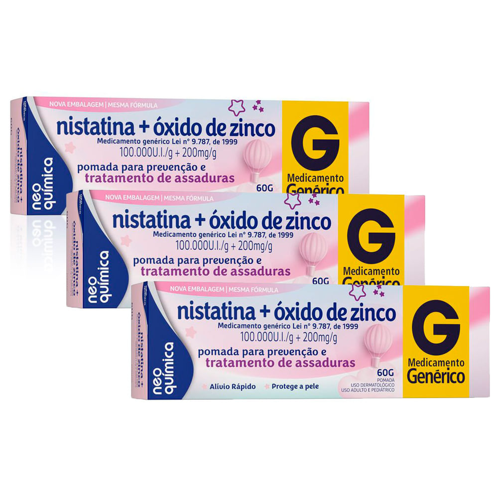 Kit 3 Nistatina + Óxido de Zinco Neo Química Genérico Pomada com 60g