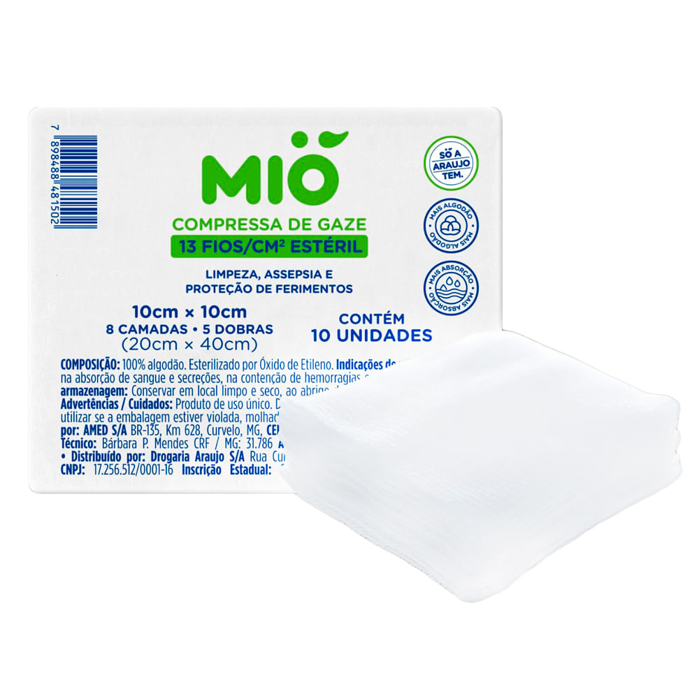 Compressas de Gaze Mió 13 Fios Estéril 10cm X 10cm com 10 Unidades