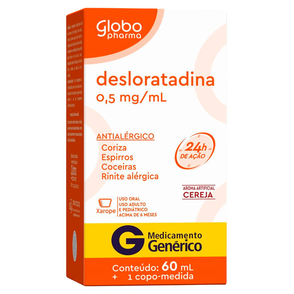 Desloratadina 0,5mg/ml Globo Genérico Xarope com 60ml 24h