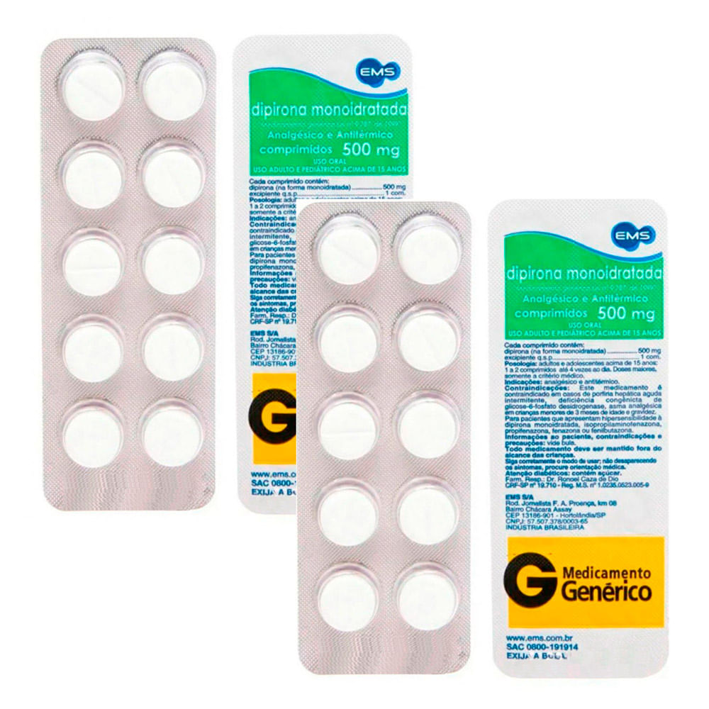 Kit 2 Dipirona 500mg EMS Envelope com 10 Comprimidos