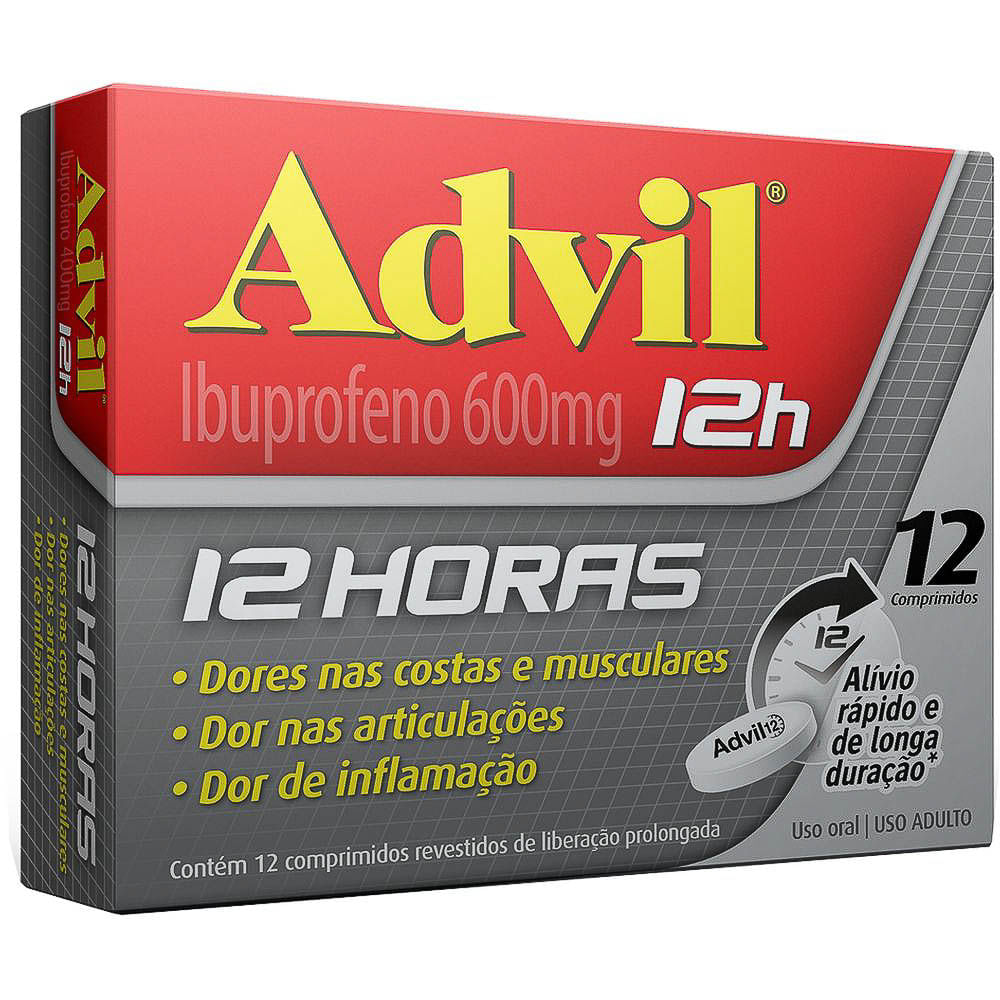 Advil 12H 600mg Ibuprofeno Analgésico com 12 Comprimidos Revestidos de Liberação Prolongada