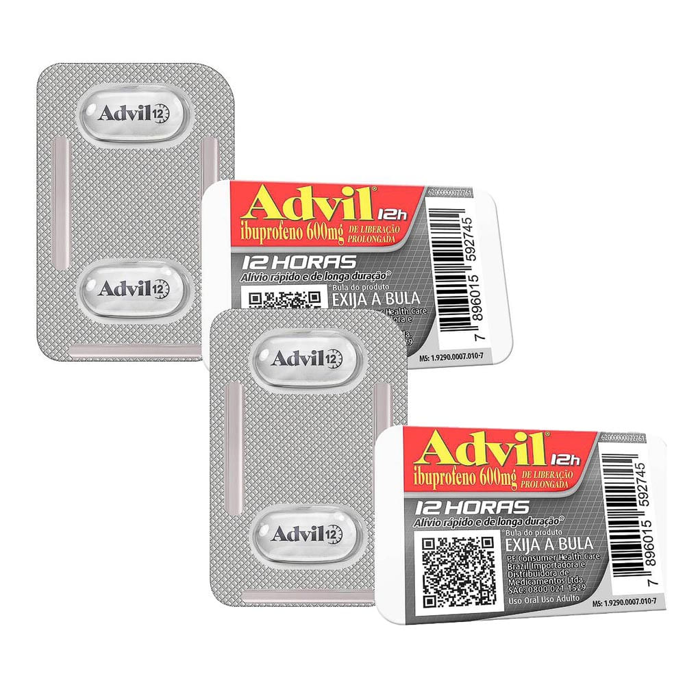 Kit 2 Advil 12H 600mg Ibuprofeno Analgésico com 2 Comprimidos Revestidos de Liberação Prolongada
