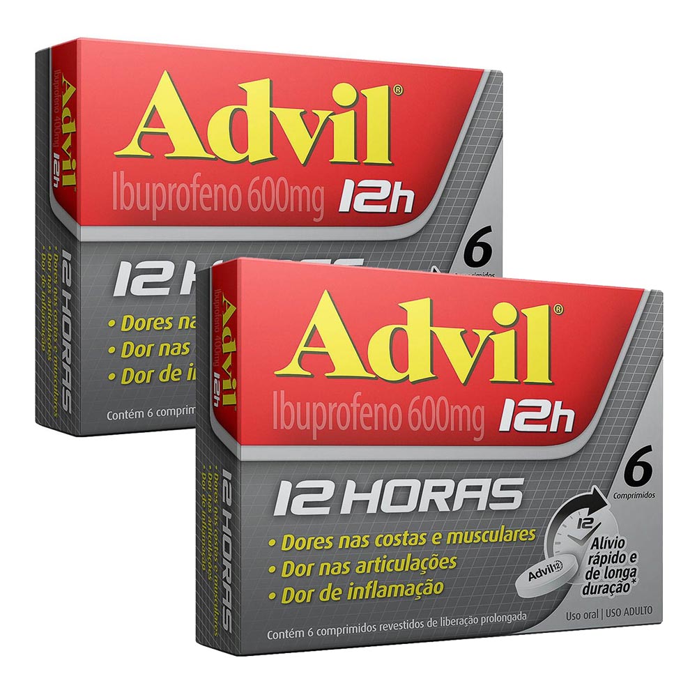 Kit 2 Advil 12H 600mg Ibuprofeno Analgésico com 6 Comprimidos Revestidos de Liberação Prolongada