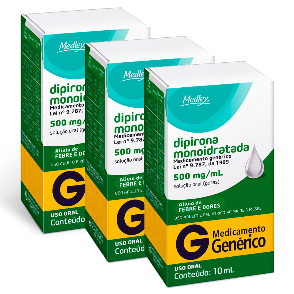 Kit 3 Dipirona Sódica 500mg/ml Medley Genérico Gotas com 10ml