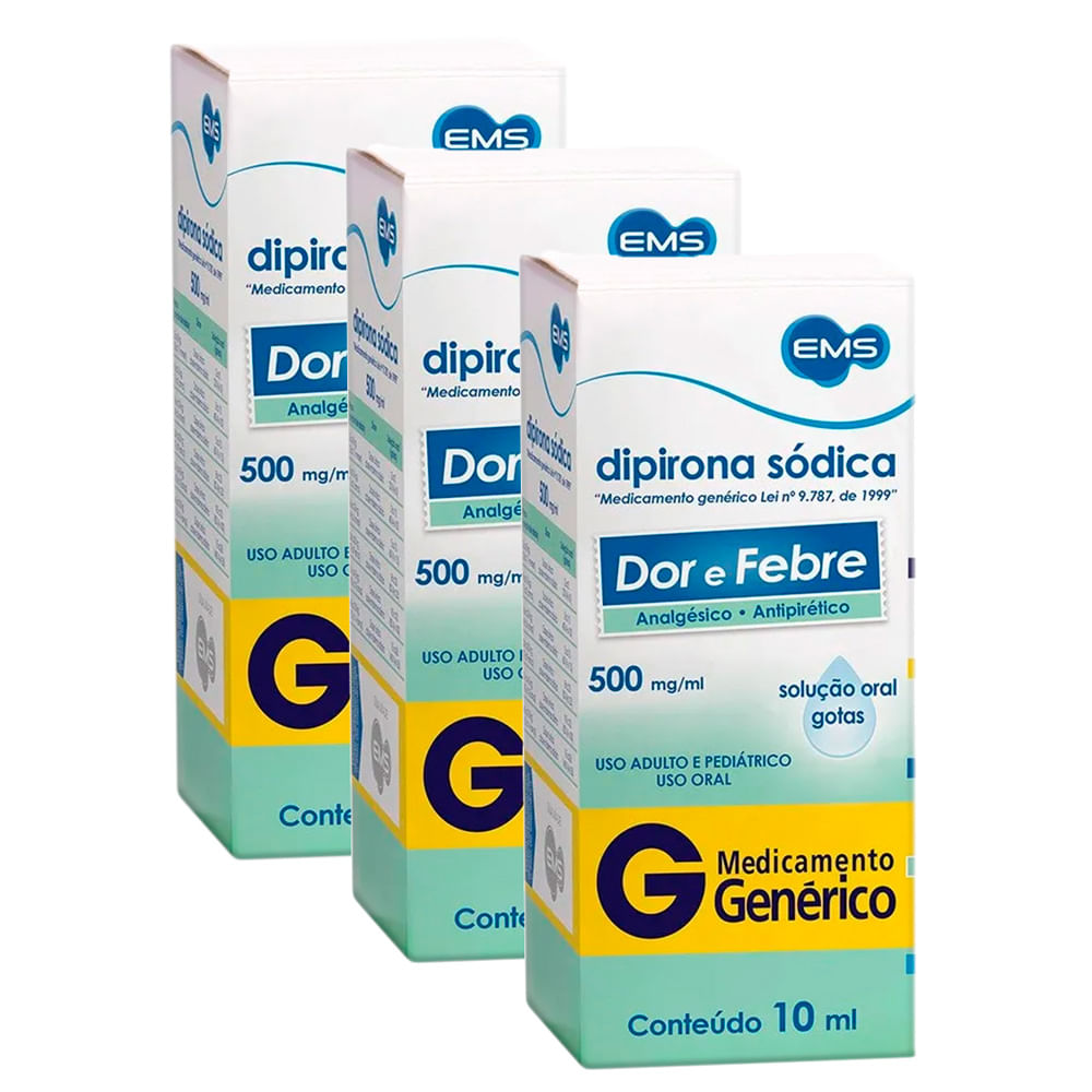 Kit 3 Dipirona Sódica 500mg/ml EMS Genérico Gotas 10ml