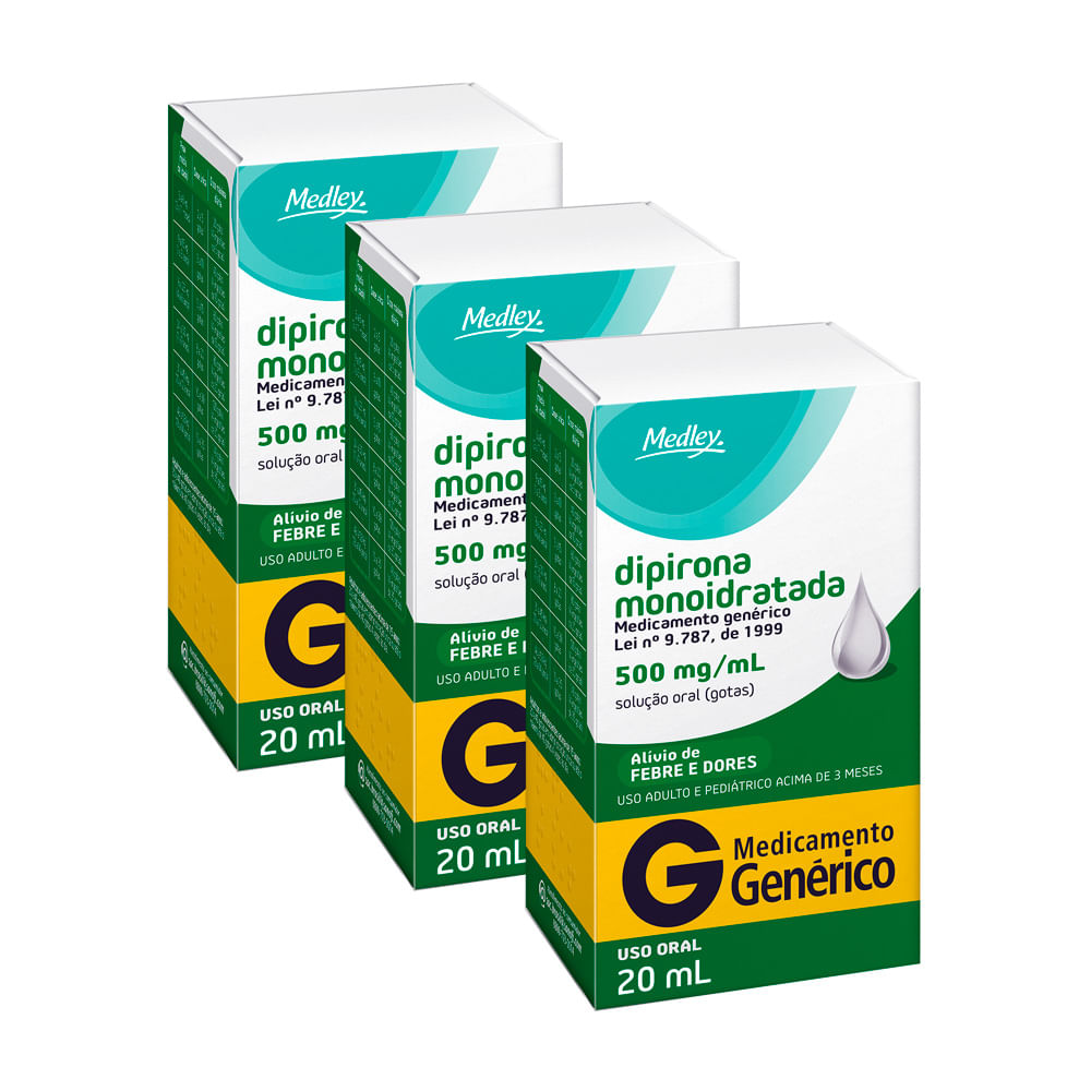 Kit 3 Dipirona Sódica 500mg/ml Medley Genérico Gotas com 20ml