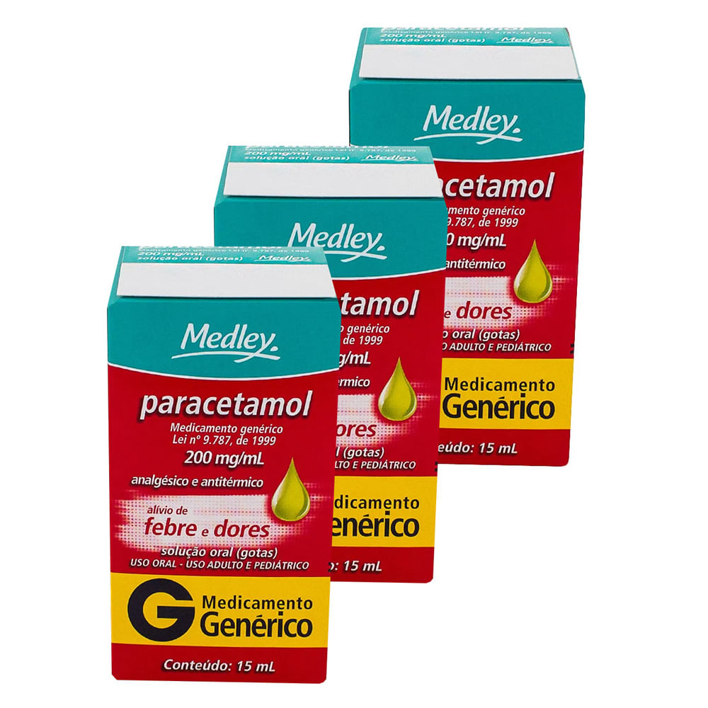 Kit 3 Paracetamol 200mg/ml Medley Genérico Gotas com 15ml