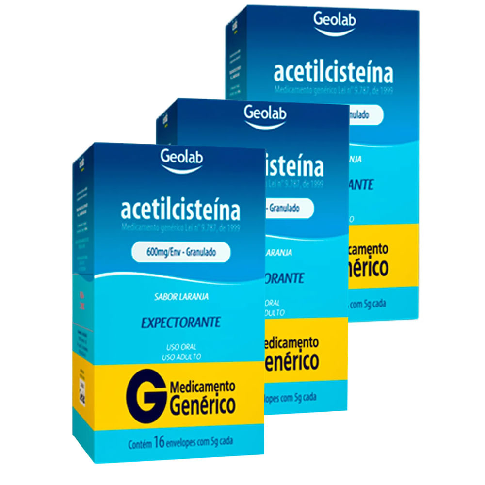 Kit 3 Acetilcisteína 600mg Geolab Genérico com 16 Envelopes de 5g cada