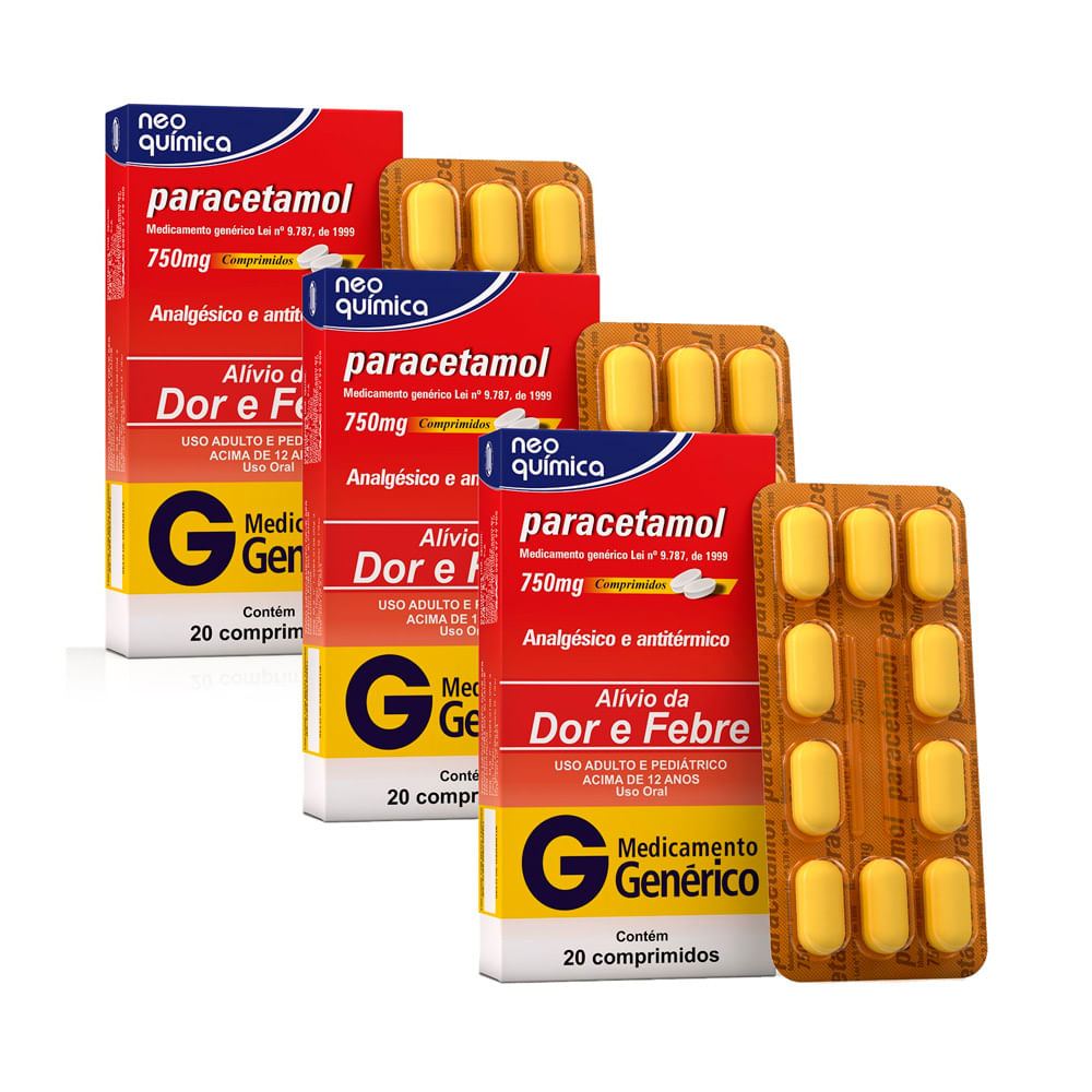 Kit 3 Paracetamol 750mg Neo Química Genérico com 20 Comprimidos