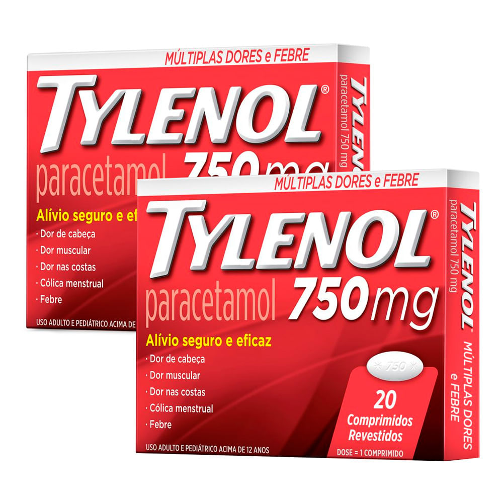 Kit 2 Tylenol 750mg Múltiplas Dores com 20 Comprimidos