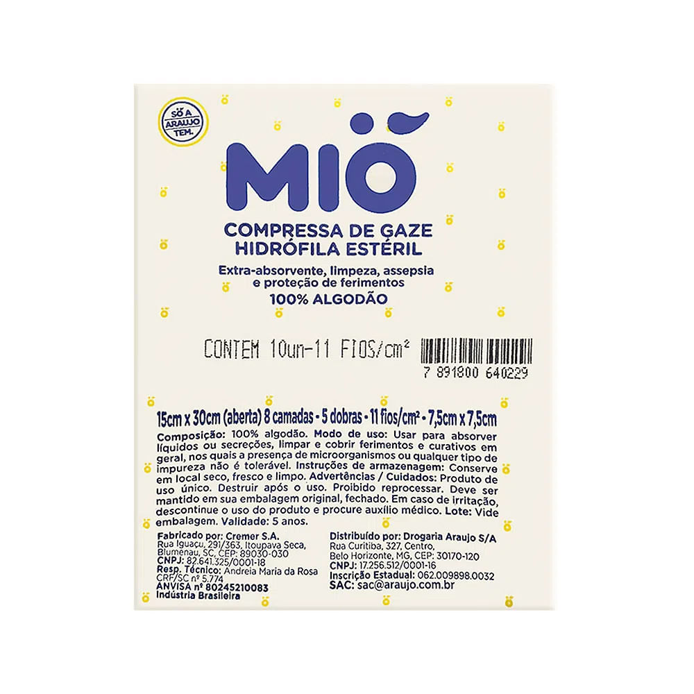 Kit 12 Compressa de Gaze Mió Hidrófila Estéril 7,5cm x 7,5cm com 10 Unidades