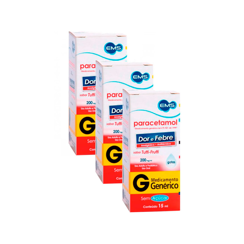 Kit 3 Paracetamol 200mg/ml EMS Genérico Gotas com 15ml