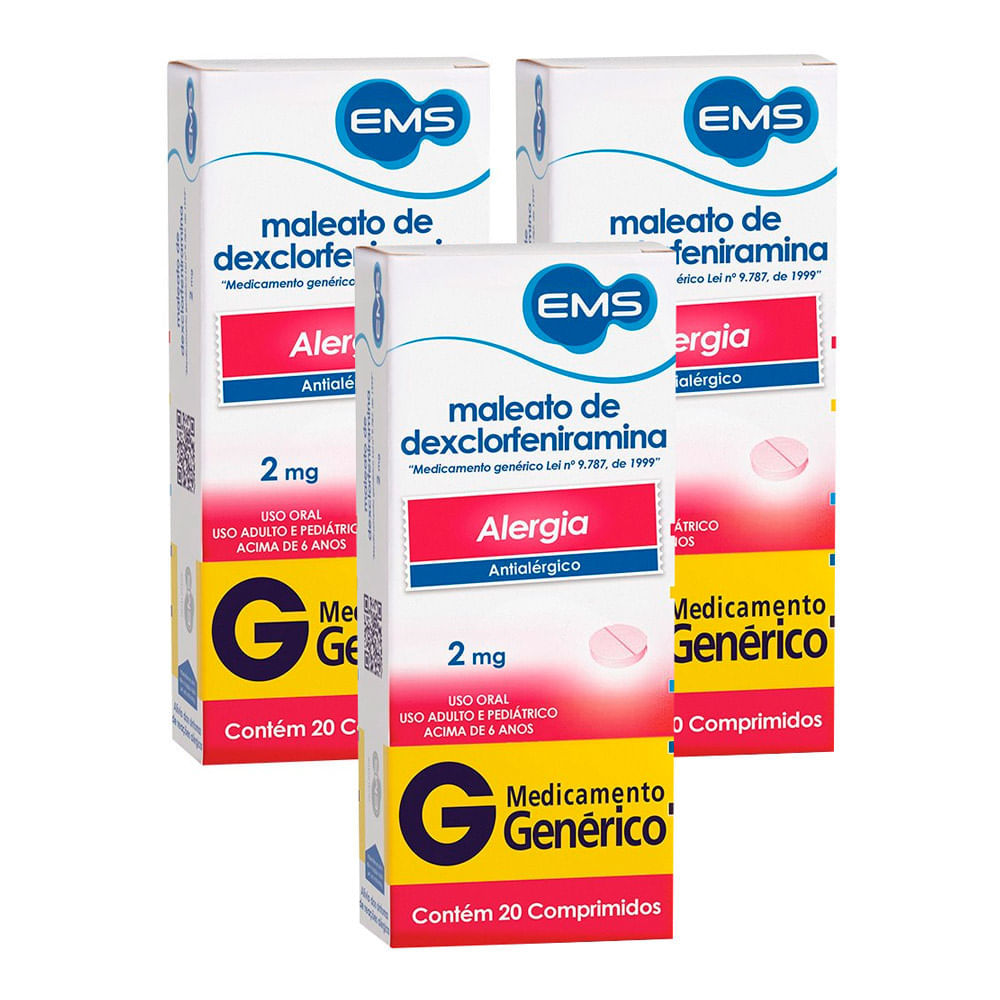 Kit 3 Dexclorfeniramina 2mg EMS Genérico com 20 Comprimidos