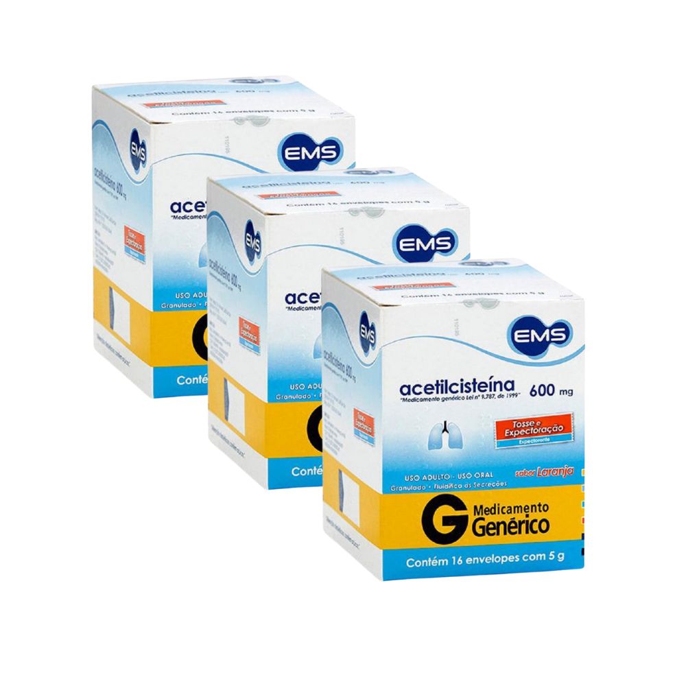 Kit 3 Acetilcisteína 600mg EMS Genérico Envelopes com 16 Unidades de 5g cada