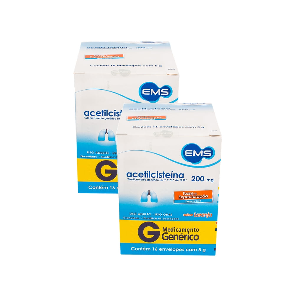 Kit 2 Acetilcisteína 200mg EMS Genérico Envelopes com 16 Unidades de 5g cada