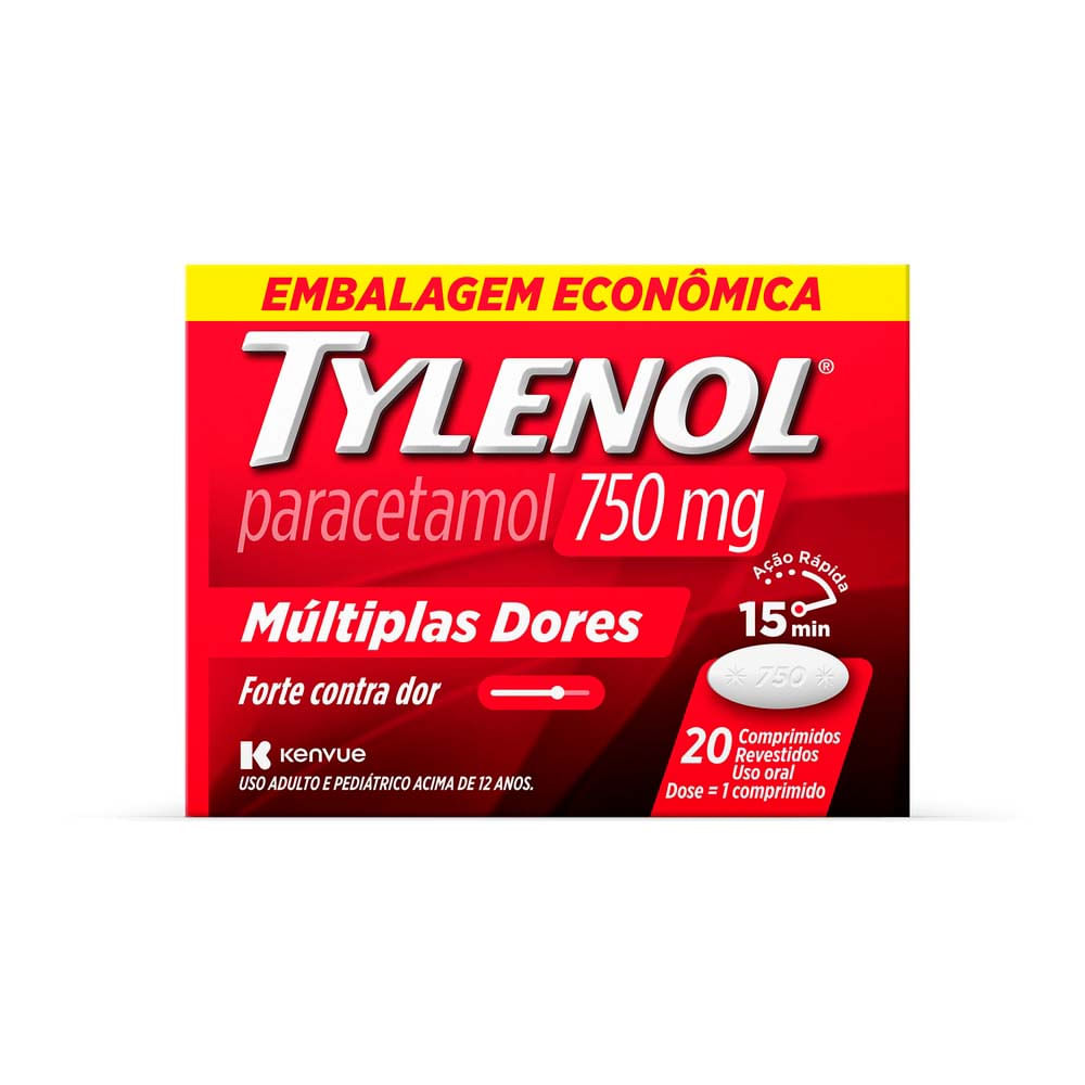 Tylenol 750mg Múltiplas Dores com 20 Comprimidos Embalagem Ecônomica