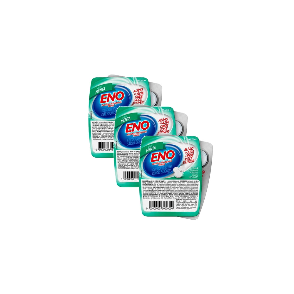 Kit 3 Eno Pastilhas Mastigáveis Sabor Menta com 4 Unidades