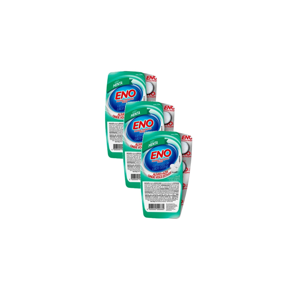 Kit 3 Eno Pastilhas Mastigáveis Sabor Menta com 8 Unidades