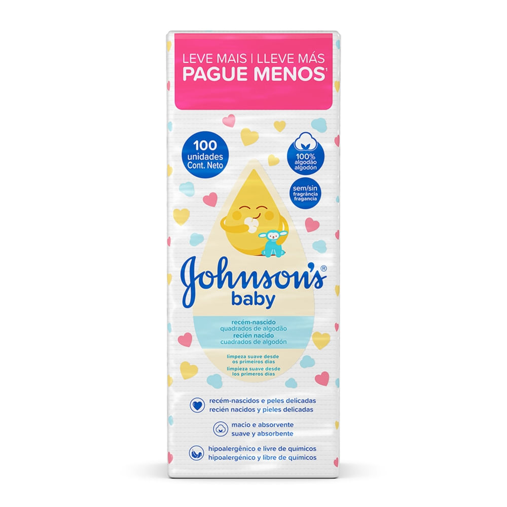 Algodão Quadrado Johnson's Baby Recém Nascido Sem Fragrância 100 Unidades Leve Mais Por Menos