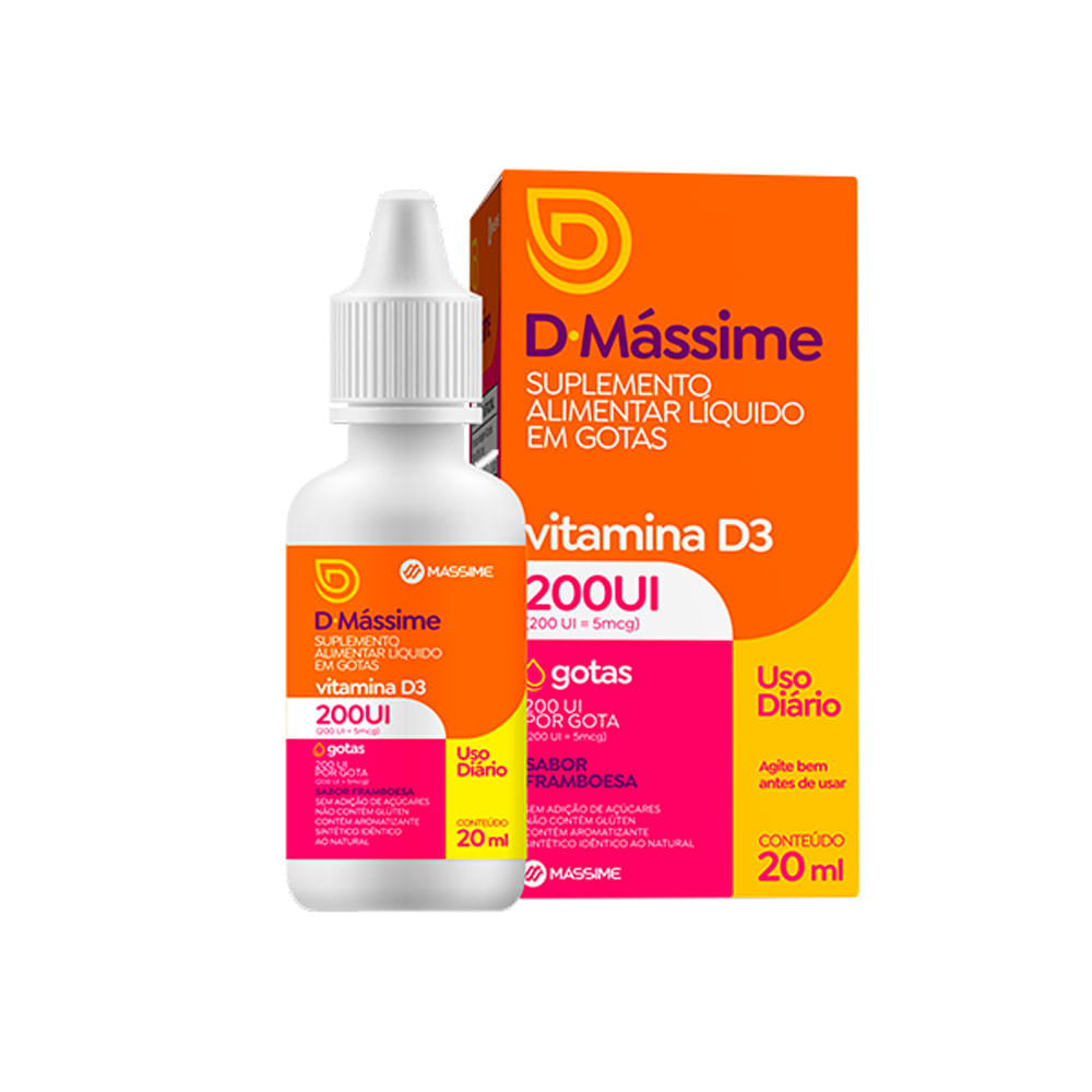 D.Mássime Vitamina D3 200Ui Suplemento Alimentar Gotas Sabor Framboesa 20ml