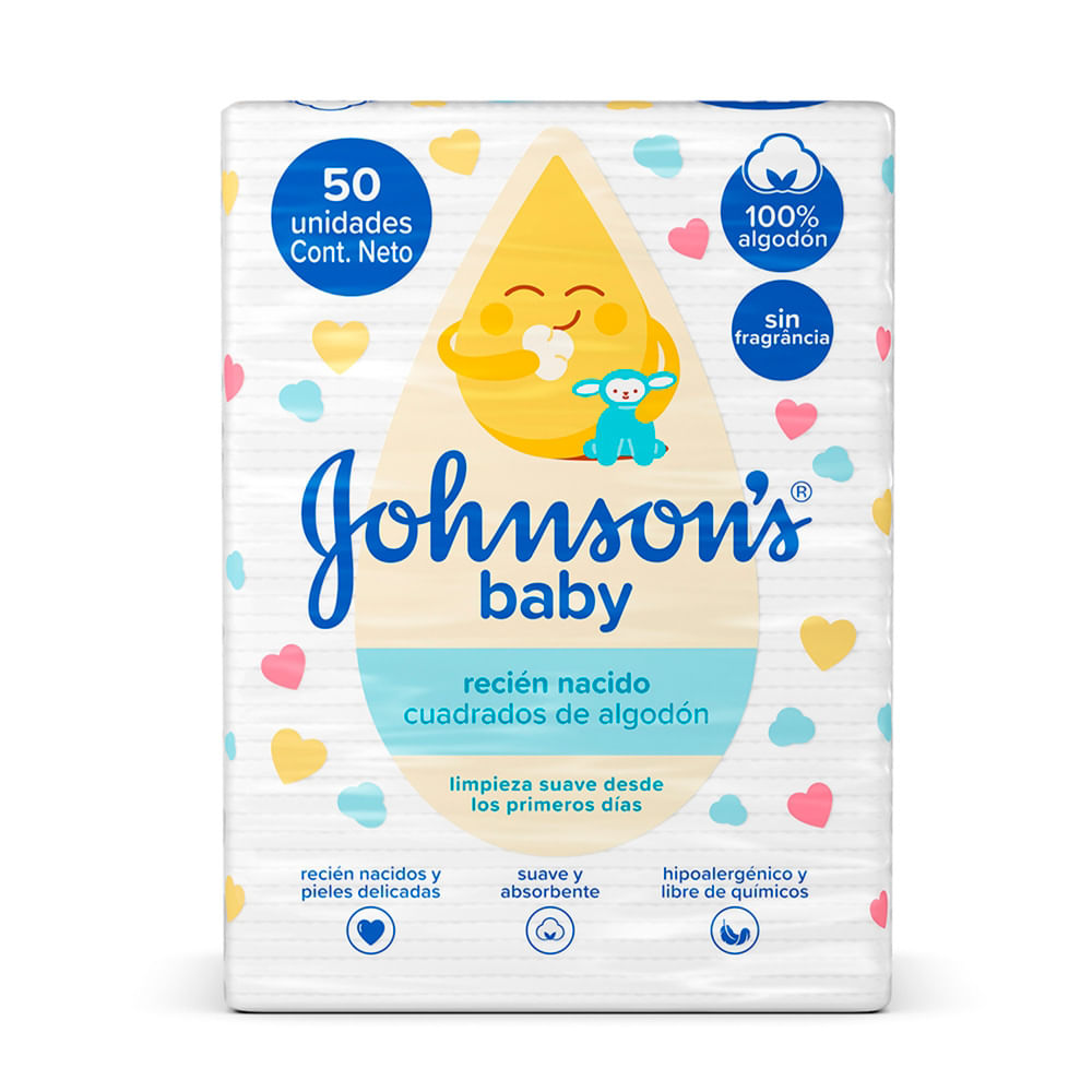 Algodão Quadrado Johnson's Baby Recém Nascido Sem Fragrância 50 Unidades