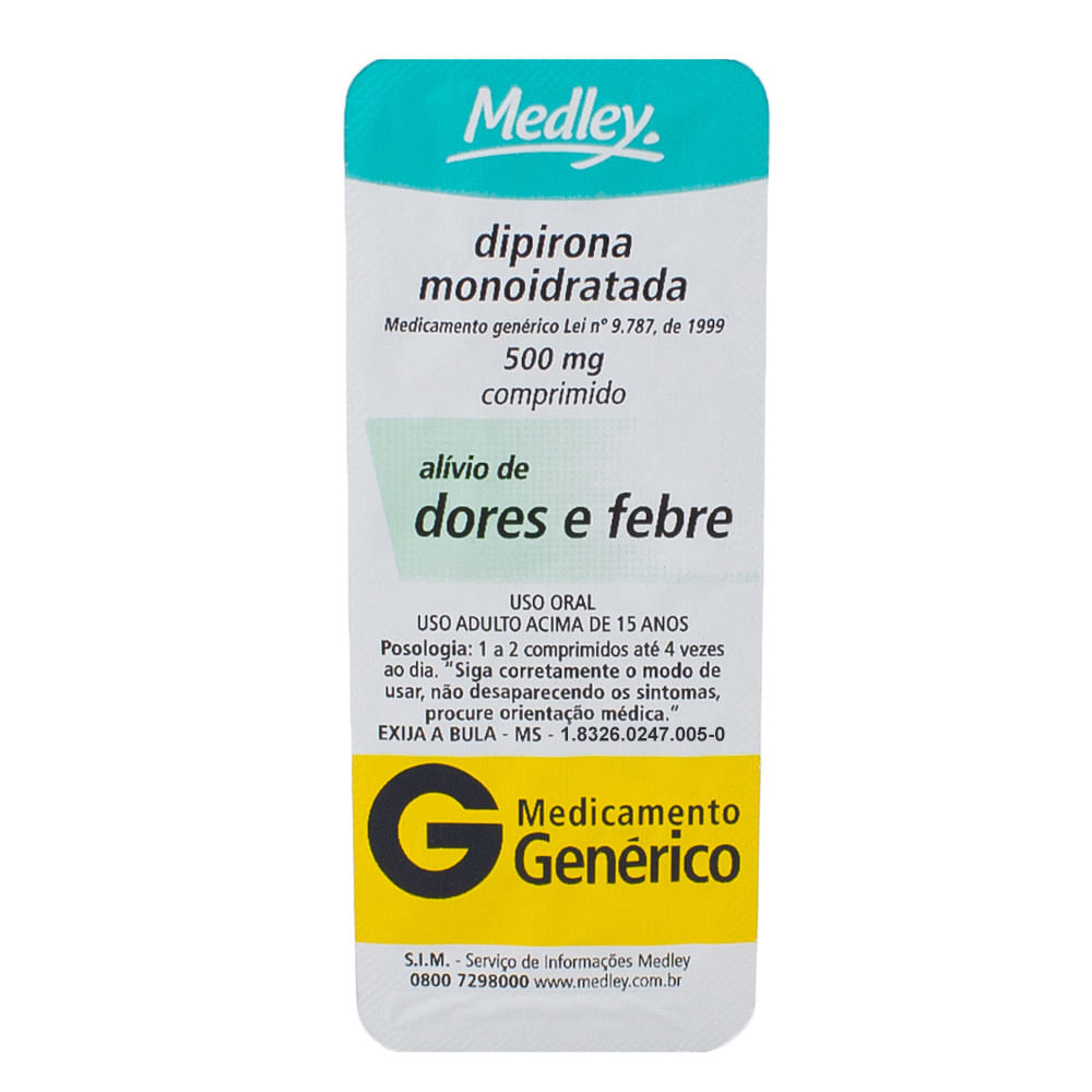 Dipirona Sódica 500mg Medley Genérico Envelope com 10 Comprimidos