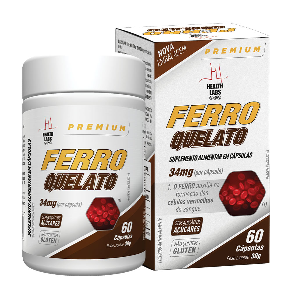 Ferro Quelato 34mcg Health Labs Premium 60 Cápsulas