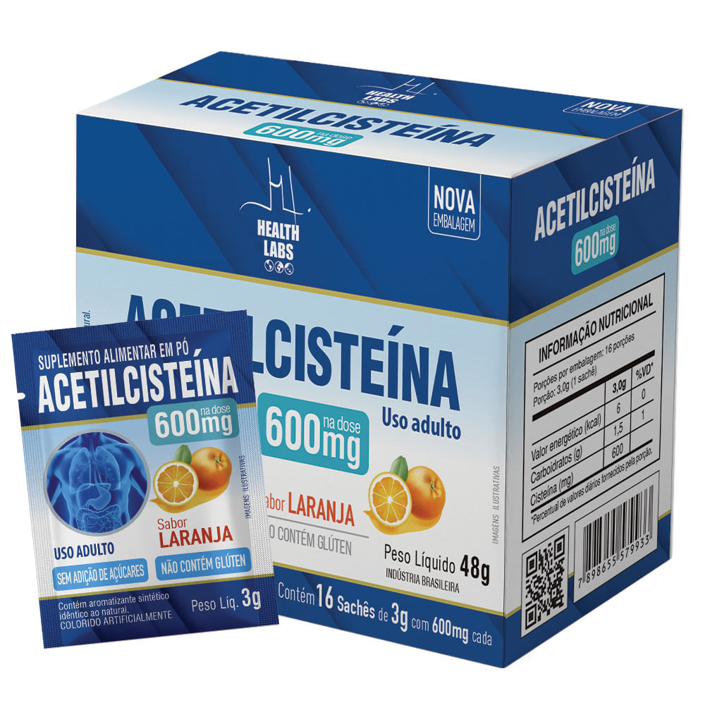 NAC Acetilcisteína 600mg Health Labs 16 Sachês de 3g cada