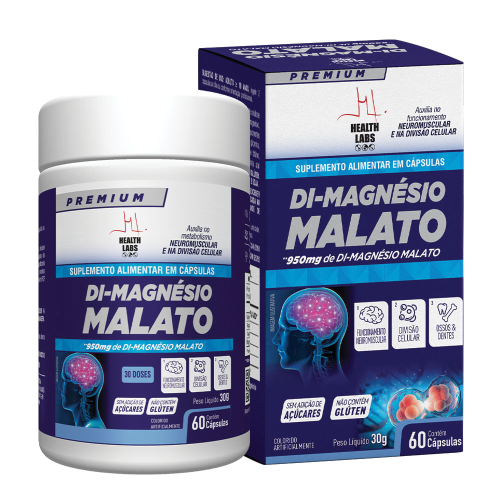Di-Magnésio Malato 950mg Health Labs com 60 Cápsulas