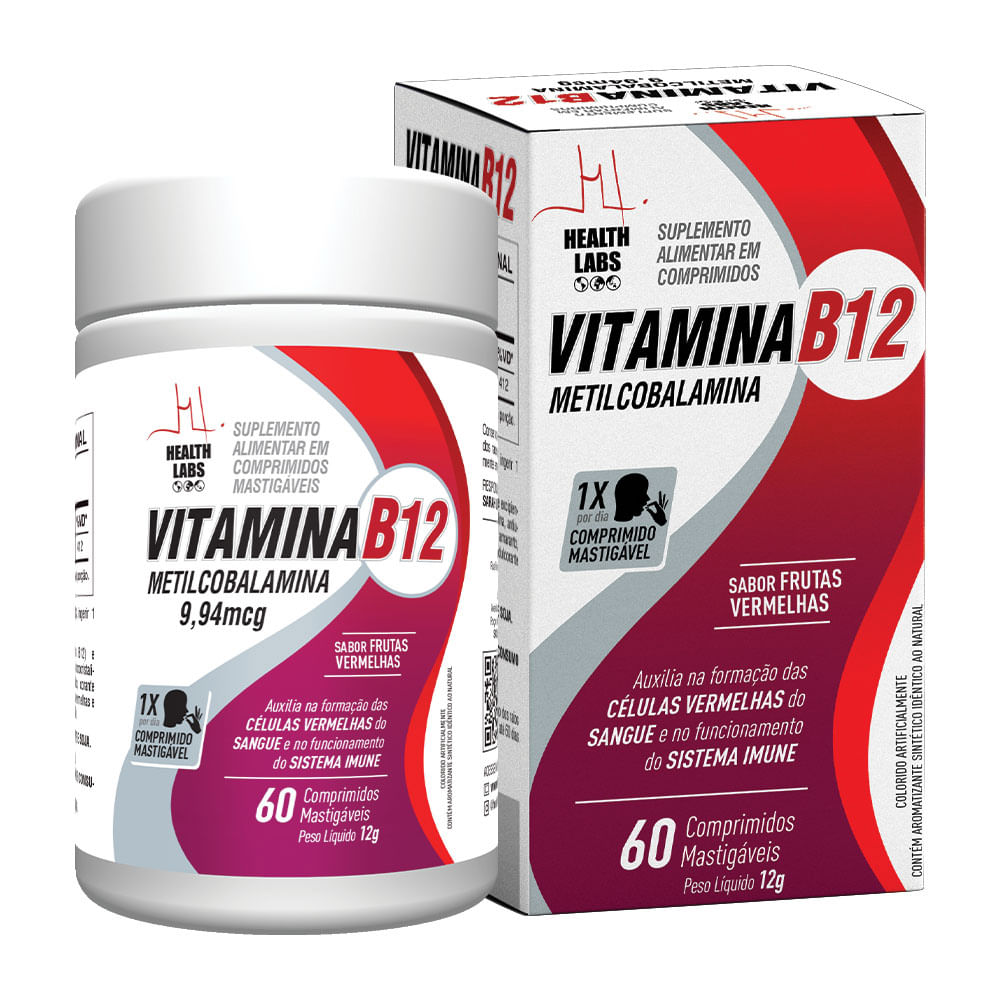 Vitamina B12 9,94mcg Metilcobalamina Health Labs Sabor Frutas Vermelhas com 60 Comprimidos Mastigáveis